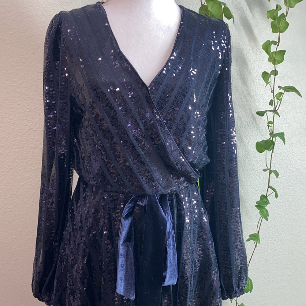 Nanette Lepore Blue Sequin Wrap Dress with Bishop Sleeves, New Size‎ 14 - Picture 4 of 13